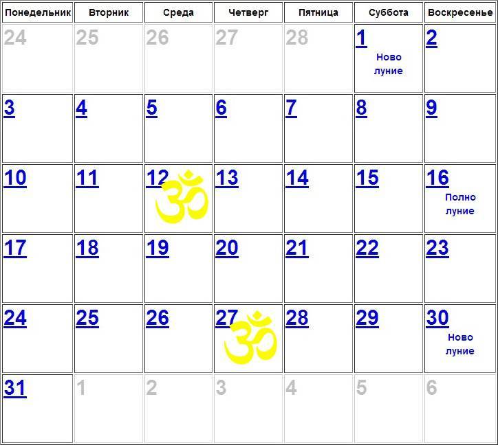 Календарь Экадаши на март